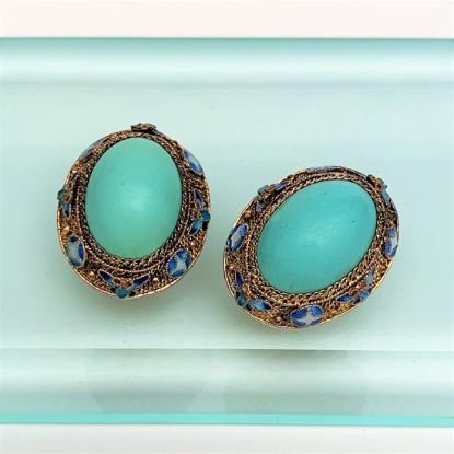 Picture of 1940'S Gilt Chinese Export Sterling Silver, Enamel & Turquoise Clip-On Earrings