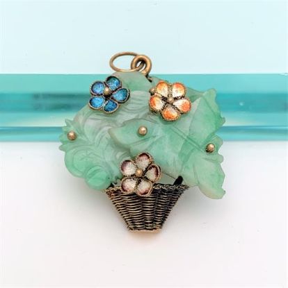 Picture of Vintage Gilt Chinese Export Sterling Silver, Carved Jade & Enamel Flower Basket Brooch/Pendant