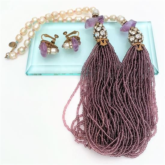 Picture of 1950'S Miriam Haskell Necklace & Earring Set With Glass Pearls, Seed Beads, Amethysts & Clear Rhinestones