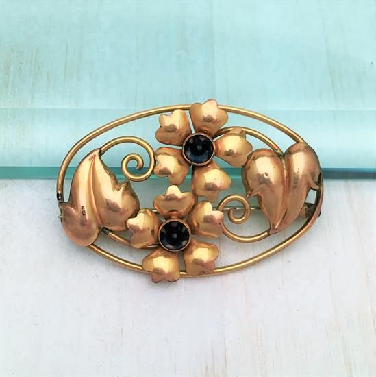 Picture of 1940'S Signed Carl Art Gold Filled Flower Brooch With Blue Glass Cabochons