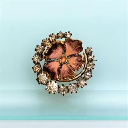 Picture of Antique Victorian Rolled Gold, Paste & Enamel Horseshoe & Flower Brooch