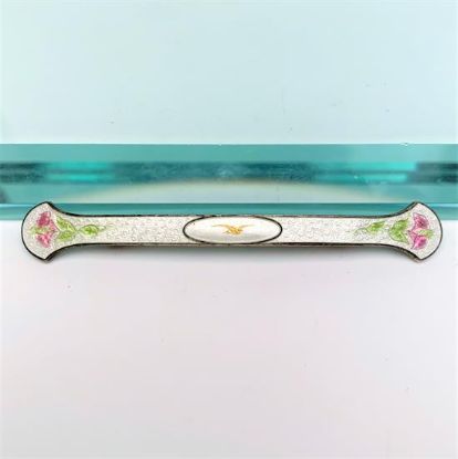 Picture of Art Deco Era Thomae Company Sterling Silver & Guilloche Enameled Bar Brooch With Gold Bird