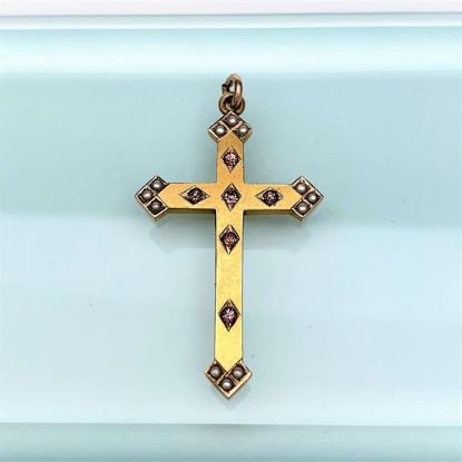Picture of Early 20Th Century Gold Filled, Amethyst Czech Glass & Seed Pearl Cross Pendant
