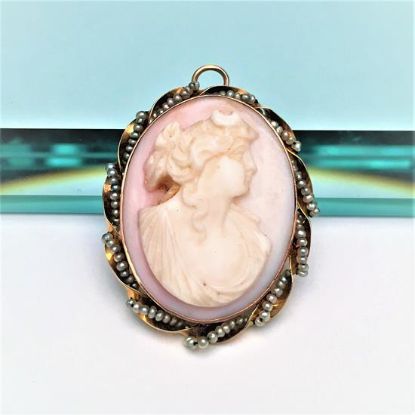 Picture of Victorian 10K Gold & Grey Seed Pearl Pink Shell Goddess Diana Cameo Brooch/Pendant