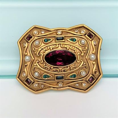 Picture of Vintage Ralph Lauren Gold Tone Brooch With Rhinestones & Faux Pearls