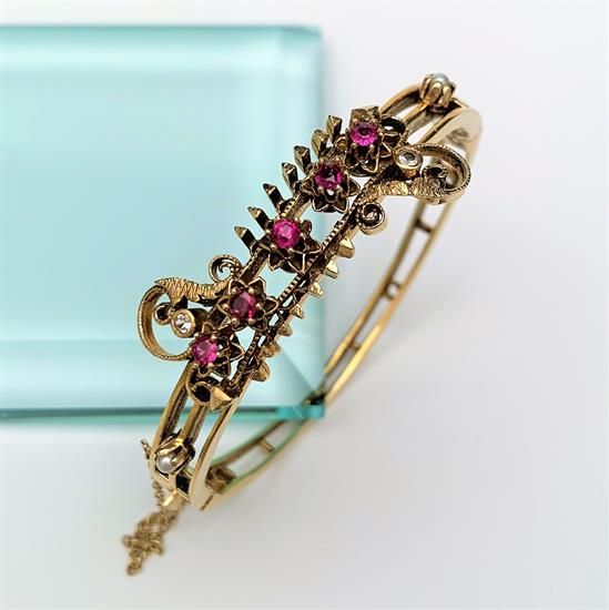 Picture of Beautiful Victorian Era 14K Gold, Diamond, Ruby & Pearl Etruscan Revival Bracelet