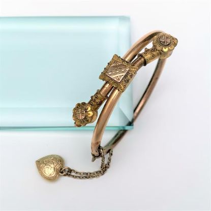 Picture of Victorian Era Gold Filled Etruscan Revival Bypass/Wedding Bracelet With Heart Charm On Safety Chain