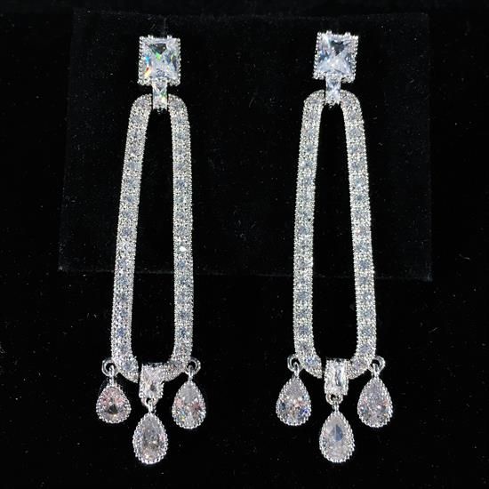 Picture of Clear Cz Oblong Dangle Earrings. 2.4" Long