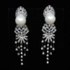 Picture of Long Clear Cz & Faux Pearl Post Back Earrings With Dangles. 2.25" Long, .55" Wide