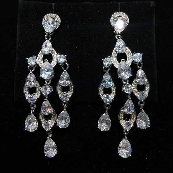 Picture of Clear Cz Three Dangle Post Back Earrings. 2.25" Long, .75" Wide