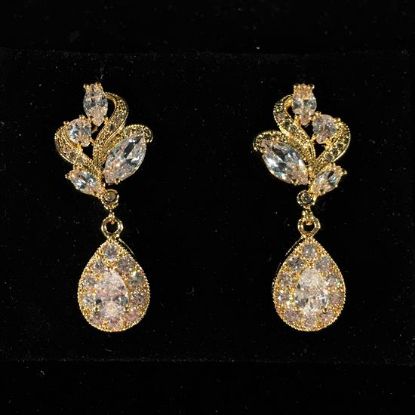 Picture of Clear Cz & Gold Stylized Teardrop Post Back Earrings. 1.2" Long
