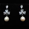 Picture of Clear Cz Hearts & Faux Pearls Post Back Dangle Earrings. 1.1" Long, .4" Wide