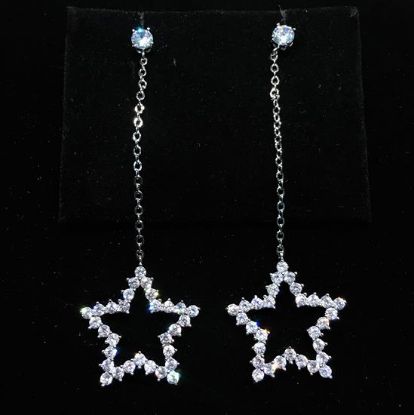 Picture of Clear Cz Small Star Dangle Post Back Earrings. 2.5" Long, .75" Wide