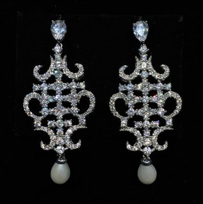Picture of Clear Cz Oriental Shaped Dangle Earrings With Faux Pearl Drops & Post Backs. 2" Long, .8" Wide