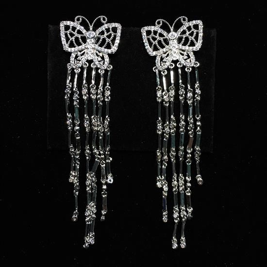 Picture of Clear Cz Butterfly Dangle Post Back Earrings. 3" Long, .75" Wide