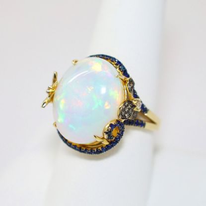 Picture of 14K Yellow Gold Oval Opal Cabochon Cocktail Ring with Diamond & Sapphire Accents