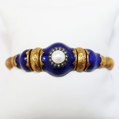 Picture of Victorian Era 14k Gold, Cobalt Blue Enamel, Pearl & Diamond Bracelet