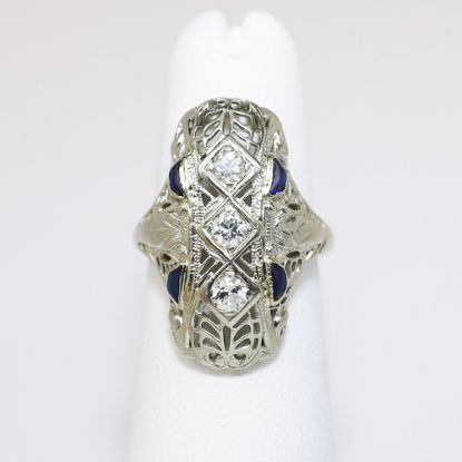 Picture of Art Deco Era 18k White Gold Filigree, Diamond & Synthetic Sapphire Ring