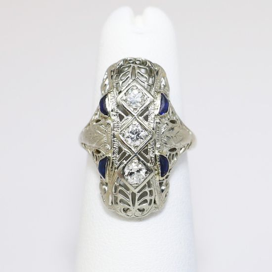 Picture of Art Deco Era 18k White Gold Filigree, Diamond & Synthetic Sapphire Ring