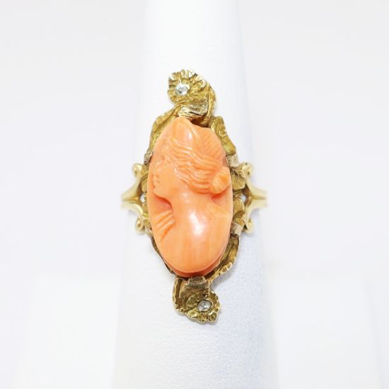 Picture of Antique 14k Gold, Diamond & Carved Coral Cameo Ring