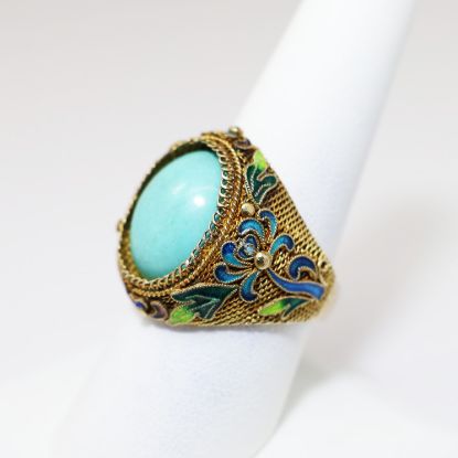 Picture of Antique Chinese Export Gilt Silver, Turquoise & Enamel Adjustable Ring