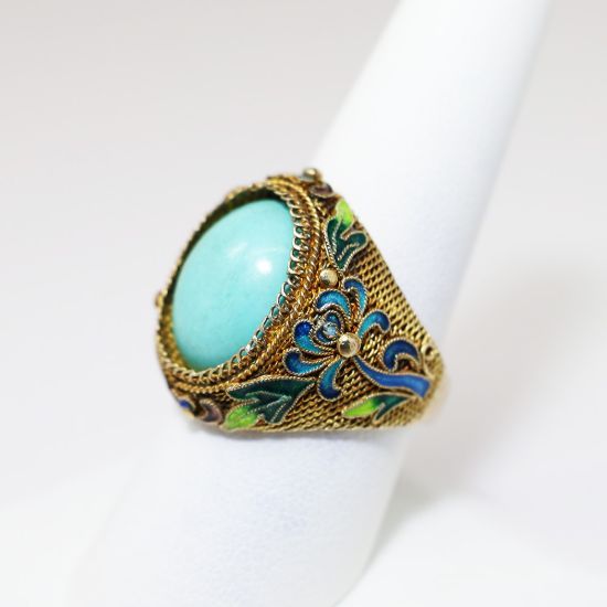 Picture of Antique Chinese Export Gilt Silver, Turquoise & Enamel Adjustable Ring