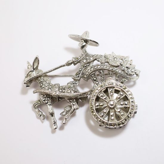 Picture of Rare Sterling Silver & Marcasite Hidden Face Hamilton Winding Brooch Watch Shaped Like Donkey, Cart & Driver