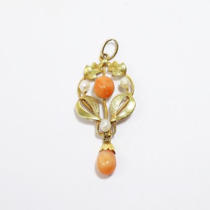 Picture of Antique Art Nouveau Era 10k Gold, Coral & Natural Pearl Lavalier Pendant