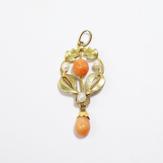 Picture of Antique Art Nouveau Era 10k Gold, Coral & Natural Pearl Lavalier Pendant