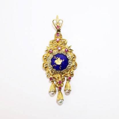 Picture of Antique Victorian/Edwardian Era 18k Gold, Ruby, Natural Pearl & Cobalt Enamel Pendant
