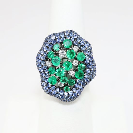 Picture of "Marina" Emerald and Sapphire Ring, 18k Black Gold