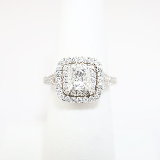 Picture of 14K White Gold, Square Brilliant Cut & Diamond Cluster Accent Engagement Ring