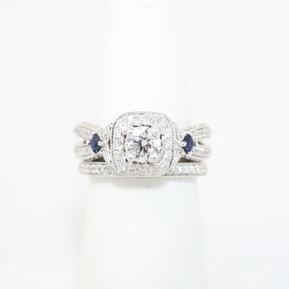 Picture of 14k White Gold, Round Brilliant Cut Diamond Halo & Sapphire Accented Two-Piece Bridal Ring Set