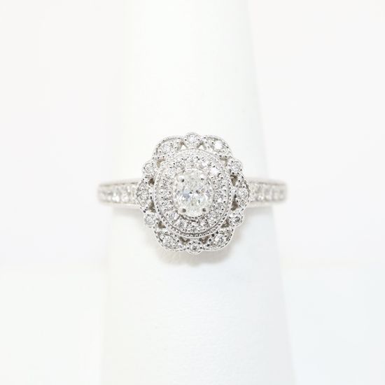 Picture of 14k White Gold, Oval Brilliant Cut & Diamond Cluster Accented Engagement Ring