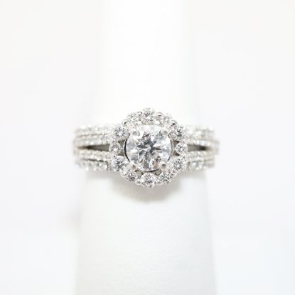 Picture of 14k White Gold, Round Brilliant Cut & Diamond Cluster Accented Two-Piece Bridal Ring Set
