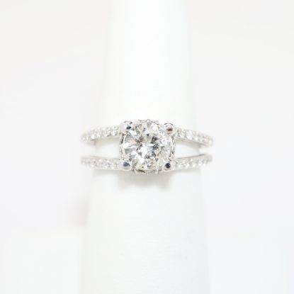 Picture of 14k White Gold, Round Brilliant Cut & Diamond Cluster Accented Split Shank Engagement Ring