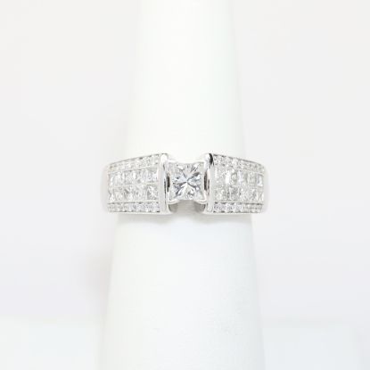 Picture of 14k White Gold, Square Modified Brilliant Cut & Diamond Cluster Accented Engagement Ring