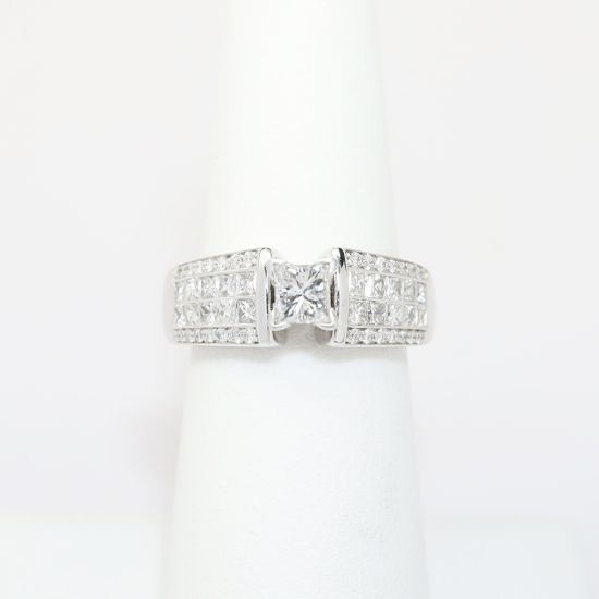 Picture of 14k White Gold, Square Modified Brilliant Cut & Diamond Cluster Accented Engagement Ring