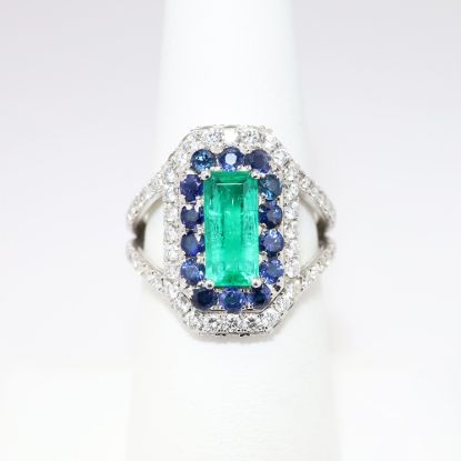 Picture of "Marina" Emerald, Blue Sapphire, and Diamond Ring, 18k White Gold