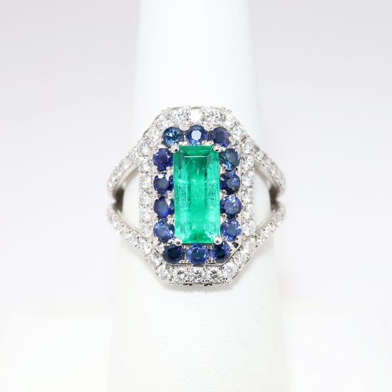 Picture of "Marina" Emerald, Blue Sapphire, and Diamond Ring, 18k White Gold