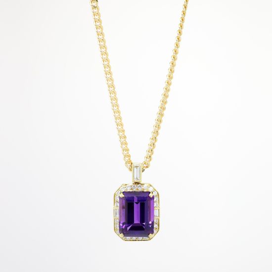 Picture of 5.82ct Emerald Cut Amethyst Pendant, 0.58ct Diamond, 18k Yellow Gold