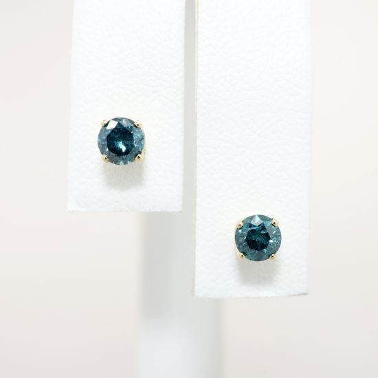 Picture of Blue Diamond Round Brilliant Cut Solitaire Earrings, 14k Yellow Gold