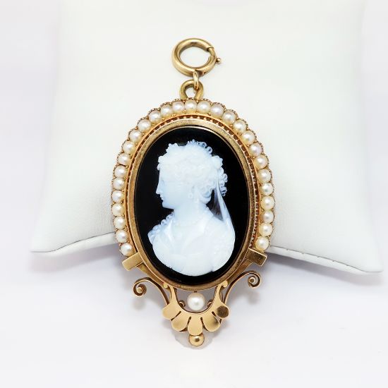 Picture of Victorian Hardstone, Cultured Pearl & 14k Rose Gold Cameo Brooch/Pendant