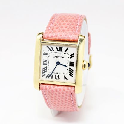 Picture of 18k Yellow Gold Cartier Wristwatch with Pink Leather Band