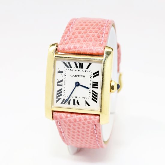 Picture of 18k Yellow Gold Cartier Wristwatch with Pink Leather Band