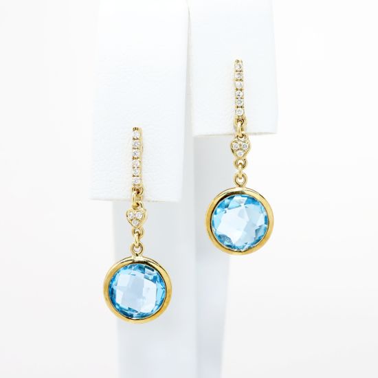 Picture of Blue Topaz Bezel Set Drop Earrings with Diamond Accents in 10k Yellow Gold