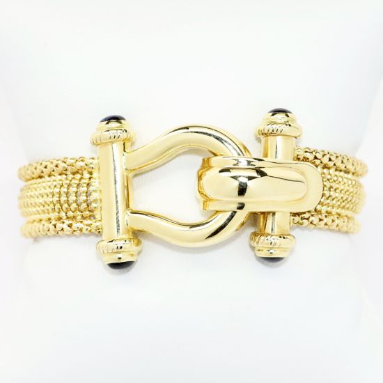 Picture of 14k Yellow Gold Flexible Link Mesh Bracelet with Onyx Cabochons