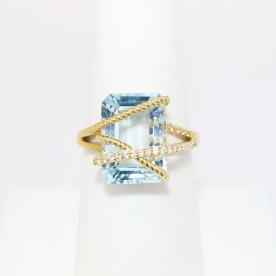 Picture of 14k Yellow Gold & Emerald Cut Blue Topaz Ring with Diamond Accents