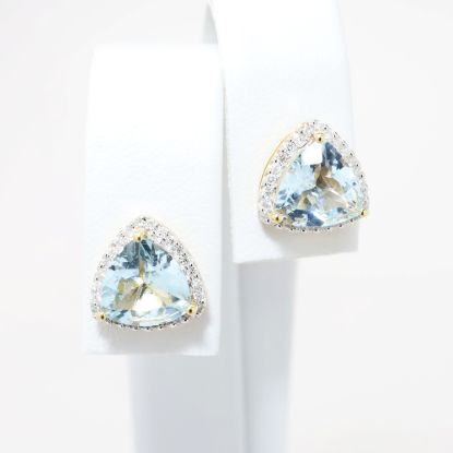 Picture of 14k Yellow Gold & Trillion Cut Aquamarine Solitaire Earrings with Diamond Halo