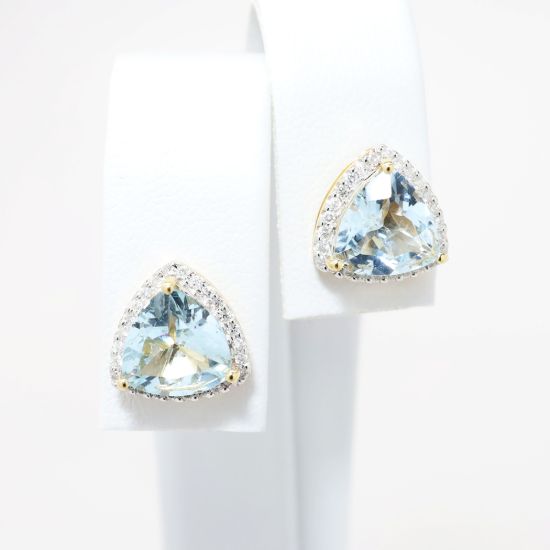 Picture of 14k Yellow Gold & Trillion Cut Aquamarine Solitaire Earrings with Diamond Halo